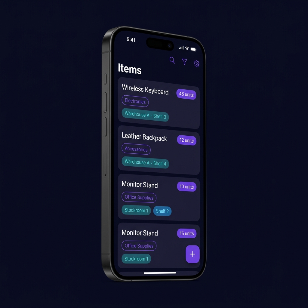 Qty app running on an iPhone showing an inventory list